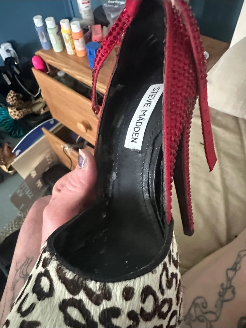 Steve Madden Red Rhinestone Ankle-Strap Pumps with Leopard-Print Toe